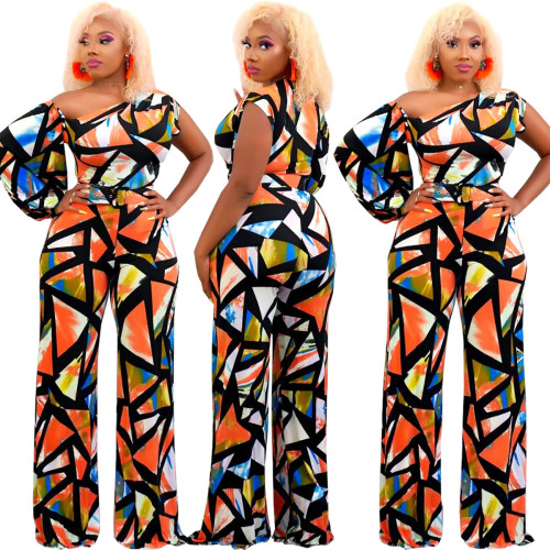 Fashion Irregular Diagonal Neck Print Jumpsuit (with Belt)