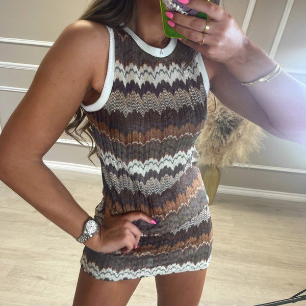 women's printed round neck contrast color sexy dress