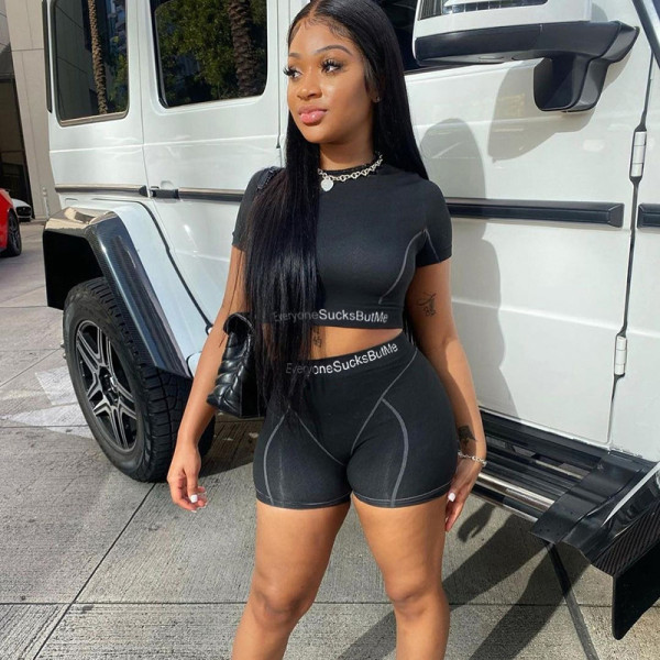 Letter Print Sexy Slim Reverse Tight Shorts Suit