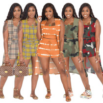 Sling Print Sleeveless Long Cape Three-Piece Set