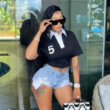 Printed Loose Lapel Athleisure Short Sleeve T-Shirt