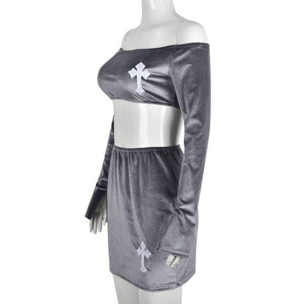 One word neck long sleeve cross halter skirt suit women