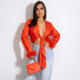 Cutout Lace-up Silky Fur Long Sleeve Blouse Sexy T-Shirt