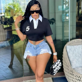 Printed Loose Lapel Athleisure Short Sleeve T-Shirt