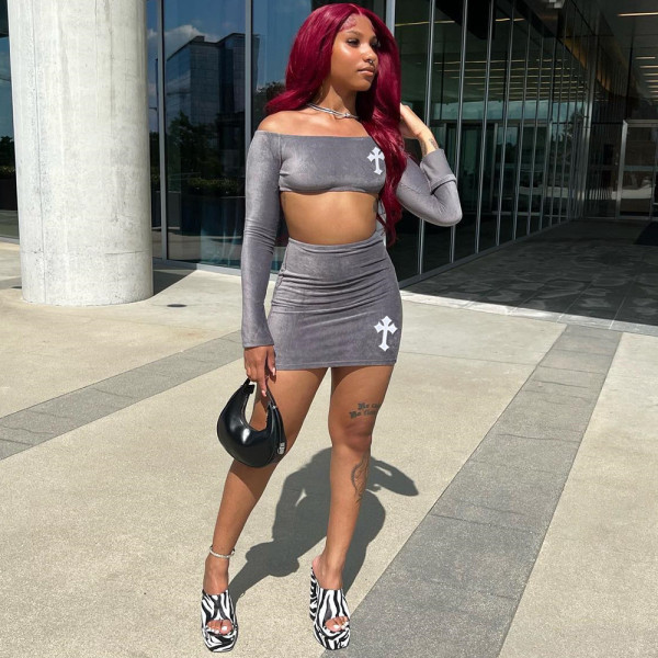 One word neck long sleeve cross halter skirt suit women