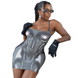 Sexy suspender backless 3D body print slim fit hip dress