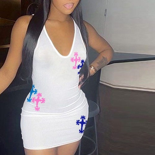 Printed Cross V-Neck Sexy Pack Hip Dress