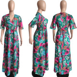 Printed V-Neck Short Sleeve Loose Long Dress
