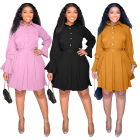 Shirt Lapel Flare Sleeves Pleated Dress Belted