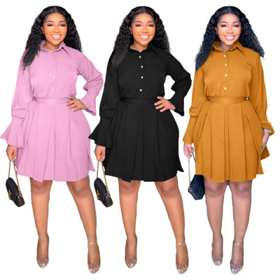 Shirt Lapel Flare Sleeves Pleated Dress Belted