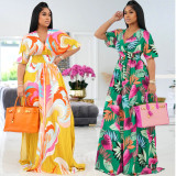 Printed V-Neck Short Sleeve Loose Long Dress