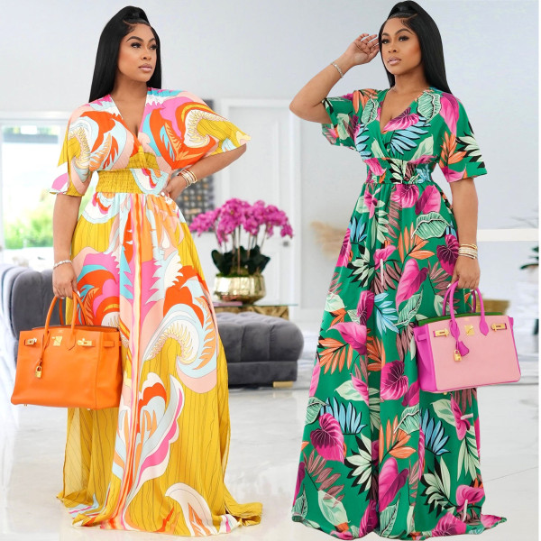 Printed V-Neck Short Sleeve Loose Long Dress