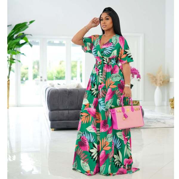 Printed V-Neck Short Sleeve Loose Long Dress