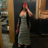 Fashion V Low Cut Sling Sexy Hot Girl Knitted Striped Slim Dress