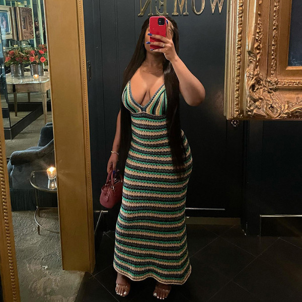 Fashion V Low Cut Sling Sexy Hot Girl Knitted Striped Slim Dress