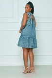Solid Denim U Neck Adjustable Lace-Up Dress