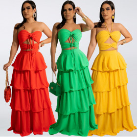 Chiffon Wrap Chest Tie Cake Dress Long Dress