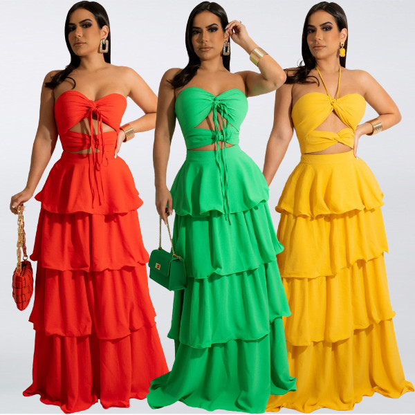 Chiffon Wrap Chest Tie Cake Dress Long Dress