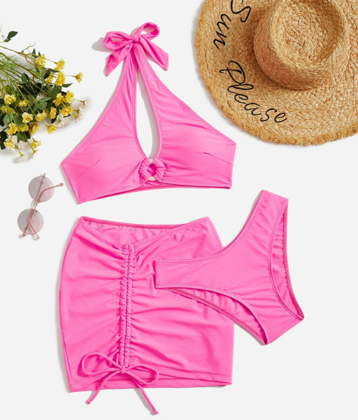 Solid Color Bikini Three Piece Swimsuit