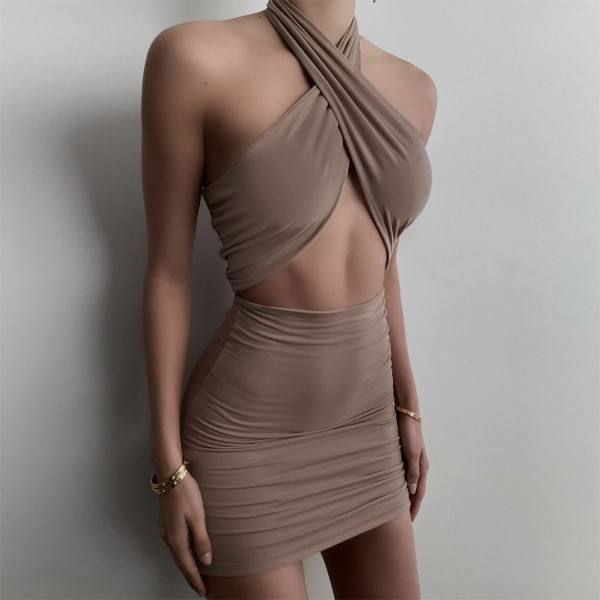 Cross halter dress open back hollow pleated hip skirt