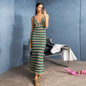Fashion V Low Cut Sling Sexy Hot Girl Knitted Striped Slim Dress