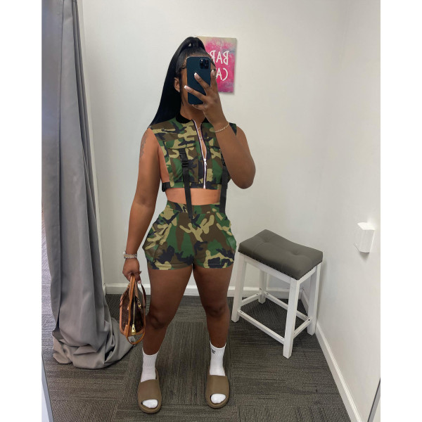 Fashion sexy camouflage print sleeveless vest vest shorts suit