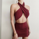 Cross halter dress open back hollow pleated hip skirt