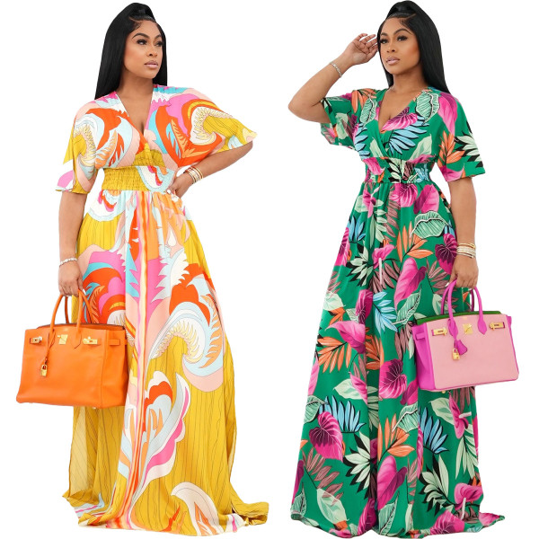 Printed V-Neck Short Sleeve Loose Long Dress