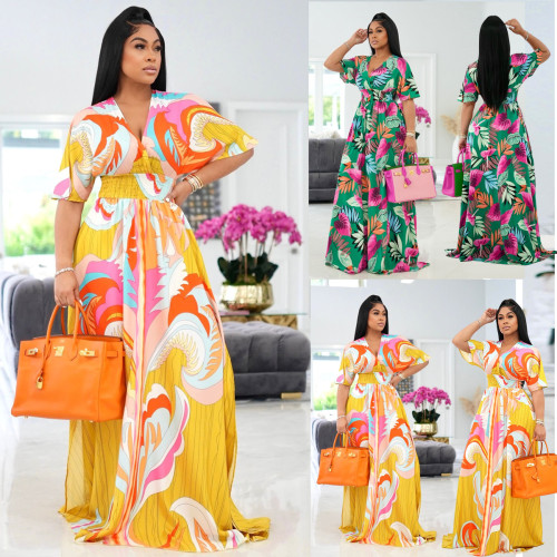Printed V-Neck Short Sleeve Loose Long Dress