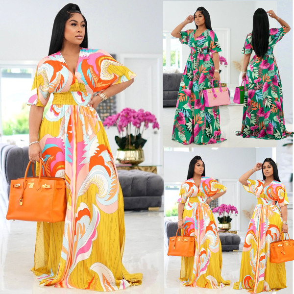 Printed V-Neck Short Sleeve Loose Long Dress
