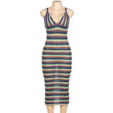 Fashion V Low Cut Sling Sexy Hot Girl Knitted Striped Slim Dress