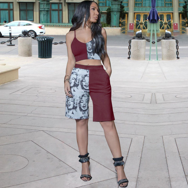 Colorblock Sling Print Loose Wide Leg Two-Piece Set