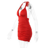 Deep V-neck halterneck strapless backless sexy pleated dress