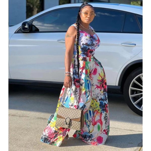 Casual loose street graffiti print two-piece set