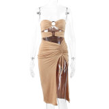 Women's drawstring hip dress sexy backless pleated tube top dress