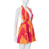 Casual Printed Open-Back Crinkled Halter Short Dress