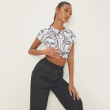 Depicted Print Sleeveless Crop T-Shirt Slit Skirt Set