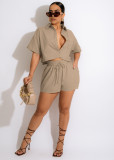 Fashion casual shirt collar four-way elastic three-color two-piece set