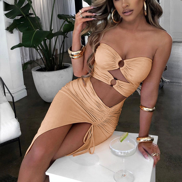 Women's drawstring hip dress sexy backless pleated tube top dress