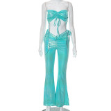 women's solid color smocked lace-up navel flared pants casual suit