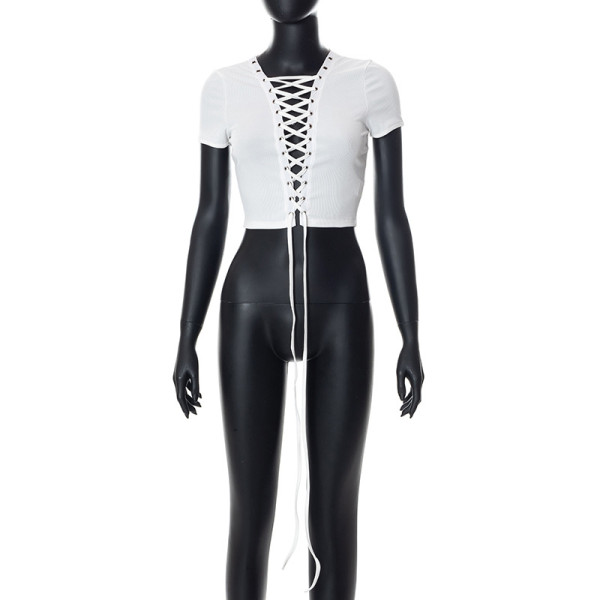Solid Color Casual Hollow Out Navel Banding Short Sleeve T-Shirt Top