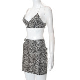 Sexy Cropped Navel Haltered Strap Snake Print Short Skirt Suit