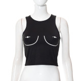 Printed Crew Neck Sleeveless Crop Tank Top T-Shirt Casual Top