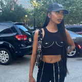 Printed Crew Neck Sleeveless Crop Tank Top T-Shirt Casual Top