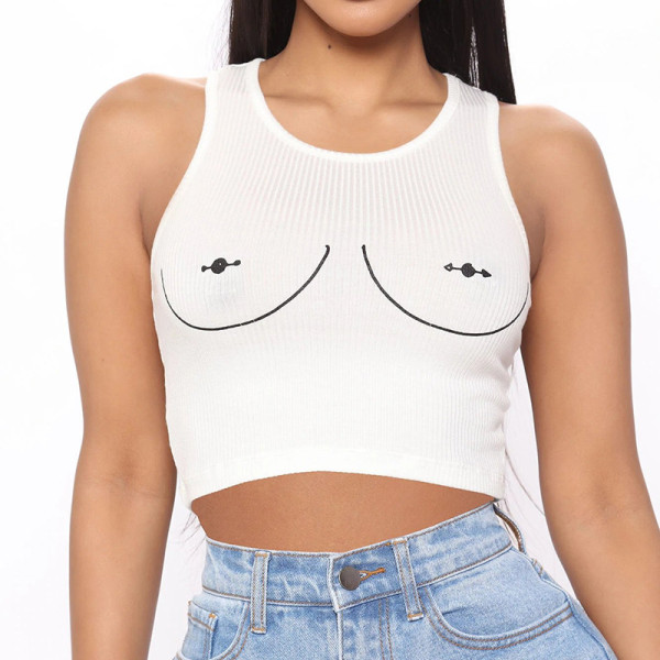 Printed Crew Neck Sleeveless Crop Tank Top T-Shirt Casual Top