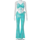 women's solid color smocked lace-up navel flared pants casual suit