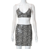 Sexy Cropped Navel Haltered Strap Snake Print Short Skirt Suit