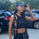 Printed Crew Neck Sleeveless Crop Tank Top T-Shirt Casual Top