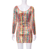 Casual Print Reverse Fit Slim Long Sleeve Short Dress