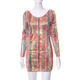 Casual Print Reverse Fit Slim Long Sleeve Short Dress